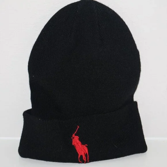 Polo Ralph Lauren Black Knit Beanie Red Pony Logo - Picture 1 of 5